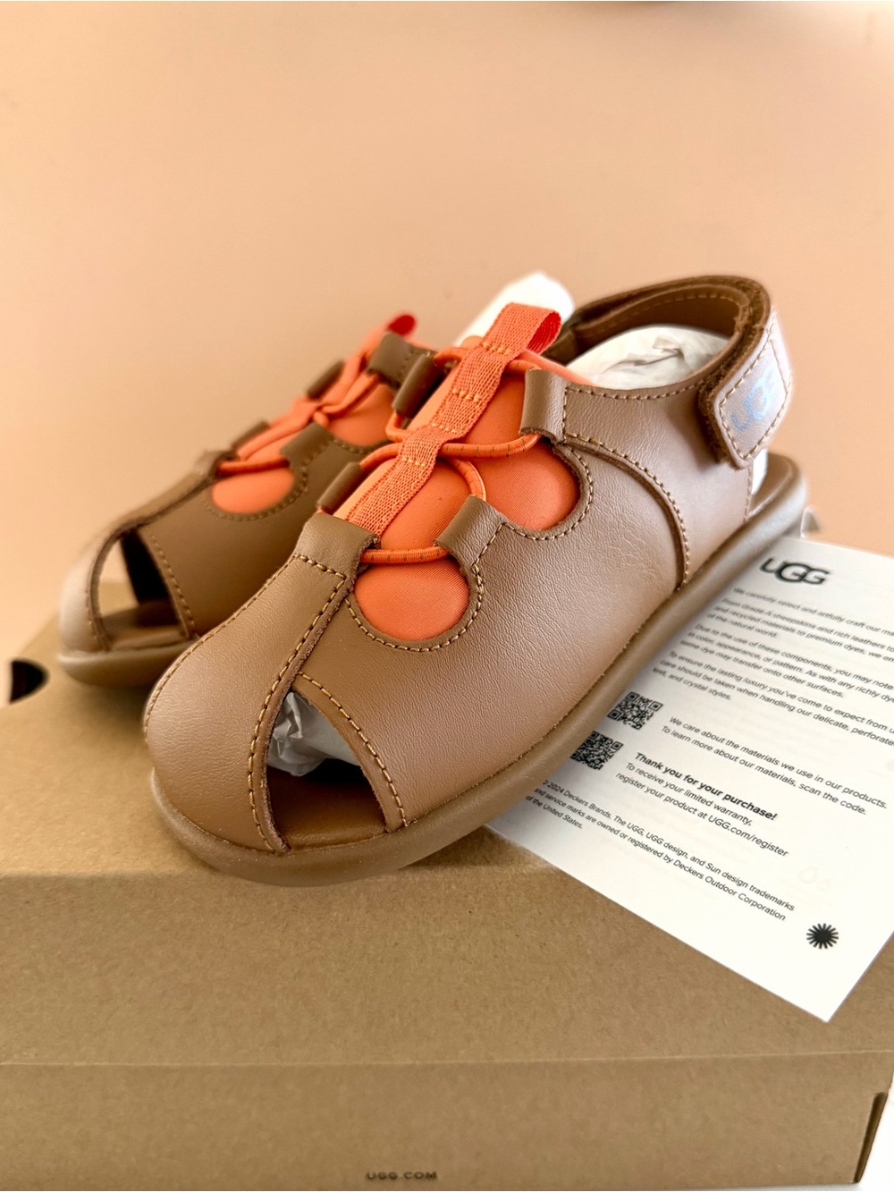 UGG Kids Tan Sandals with Orange Accents